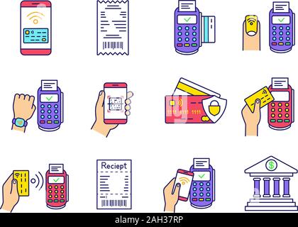 NFC payment color icons set. Electronic money. Cashless and contactless payments. Digital purchase. Online banking. Near Field Communication technolog Stock Vector