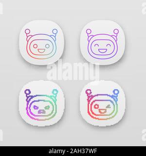 Robot emojis app icons set. Chatbot emoticons. Laughing, happy, angry, winky chat bot smileys. Artificial intelligence. UI/UX user interface. Web or m Stock Vector