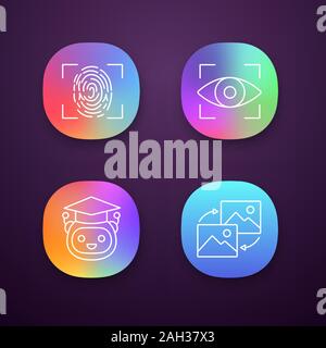 Machine learning app icons set. Fingerprint scanning, iris recognition, teacher bot, data transforming. UI/UX user interface. Web or mobile applicatio Stock Vector