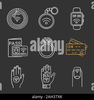 NFC technology chalk icons set. Near field chip, trinket, smartwatch, identification system, ring, credit card, sticker, hand implant, manicure. Isola Stock Vector