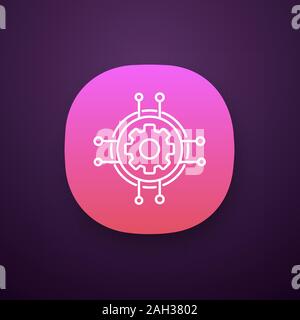 Digital settings app icon. Technological progress and innovation. UI/UX user interface. Gear. Machine learning. Cogwheel in chipset pathways. Web or m Stock Vector