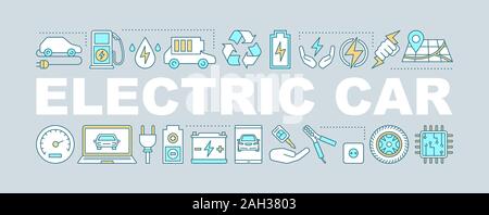 Electric car word concepts banner. Green vehicle. Isolated lettering typography idea with linear icons. Electric automobiles workshop. Vector outline Stock Vector