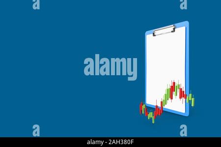 Business candlestick chart graph on a clipboard with white papers against blue background. High resolution image designed for all your crop needs. 3D Stock Photo