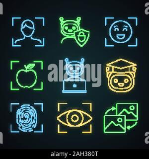 Machine learning neon light icons set. Artificial intelligence. Chatbot, face, retina, fingerprint identification. Glowing signs. Vector isolated illu Stock Vector