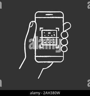 QR code smartphone scanner chalk icon. Quick response code. Matrix barcode scanning mobile phone app. Isolated vector chalkboard illustration Stock Vector