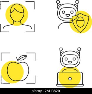 Machine learning linear icons set. Facial recognition, secured chatbot, object detection app, chat bot. Thin line contour symbols with yellow circles. Stock Vector