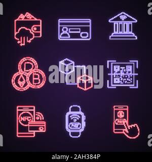 E-payment neon light icons set. Electronic money. Cashless and contactless payments. Digital purchase. Online banking. NFC technology. Glowing signs. Stock Vector