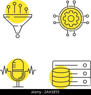 Machine learning linear icons set. Data filtering, digital settings, voice recognition, database. Thin line contour symbols with yellow circles. Isola Stock Vector