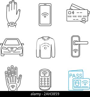 NFC technology linear icons set. Near field bracelet, smartphone, credit card, car, clothes, door lock, hand implant, POS terminal identification syst Stock Vector
