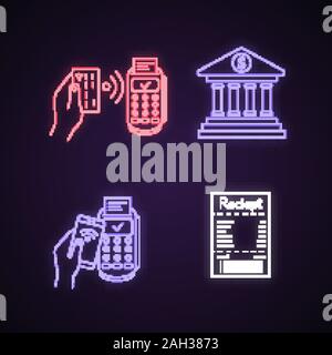 NFC payment neon light icons set. POS terminal, cash receipt, pay with smartphone, online banking. Glowing signs. Vector isolated illustrations Stock Vector