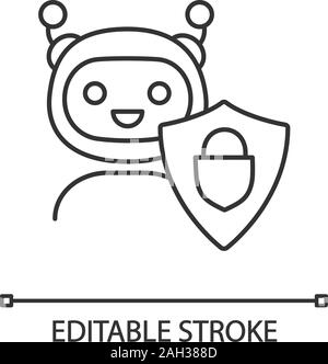Secured chatbot linear icon. Confidential bot dialog. Thin line illustration. Chat bot with shield and padlock. Contour symbol. Vector isolated outlin Stock Vector