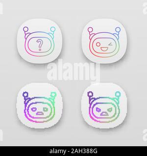 Robot emojis app icons set. Chatbot emoticons. Angry, winky, sad chat bot smileys. UI/UX user interface. Chatbot FAQ. Artificial intelligence. Web or Stock Vector