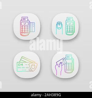 NFC payment app icons set. POS terminal, NFC manicure, credit cards. UI/UX user interface. Web or mobile applications. Vector isolated illustrations Stock Vector