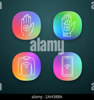 NFC technology app icons set. Near field hand sticker, implant, clothes, smartphone. UI/UX user interface. Web or mobile applications. Vector isolated Stock Vector