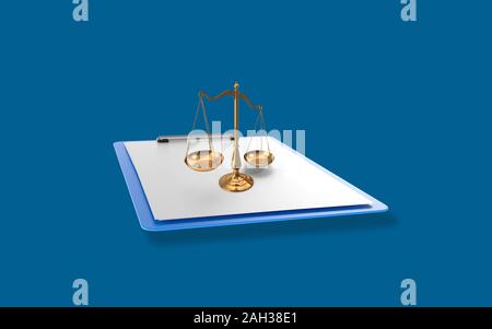 Scales symbol on a clipboard with white papers against blue background. High resolution image designed for all your crop needs. 3D rendering. Stock Photo