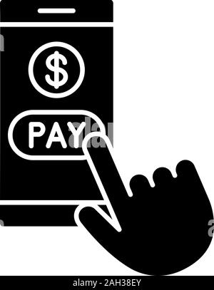 Online payment glyph icon. E-payment. Digital purchase. Cashless payments smartphone app. Hand pressing pay button. Silhouette symbol. Negative space. Stock Vector