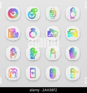 NFC technology app icons set. Near field communication. RFID and nfc tag, sticker, phone, trinket, ring, implant. UI/UX user interface. Web or mobile Stock Vector
