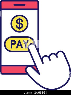 Online payment color icon. E-payment. Digital purchase. Cashless payments smartphone app. Hand pressing pay button. Isolated vector illustration Stock Vector