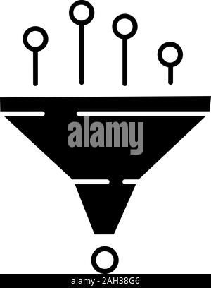 Data filtering and structuring system glyph icon. Machine learning process. Silhouette symbol. Data mining. Funnel. Statistics gathering. Negative spa Stock Vector