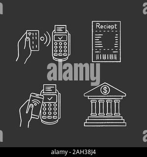 NFC payment chalk icons set. POS terminal, cash receipt, pay with smartphone, online banking. Isolated vector chalkboard illustrations Stock Vector