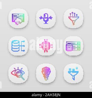 Machine learning app icons set. Artificial intelligence. Database. AI. Digital technology. UI/UX user interface. Web or mobile applications. Vector is Stock Vector