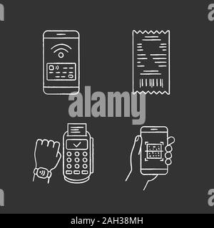 NFC payment chalk icons set. Cash receipt, QR code scanner, NFC smartphone and smartwatch. Isolated vector chalkboard illustrations Stock Vector