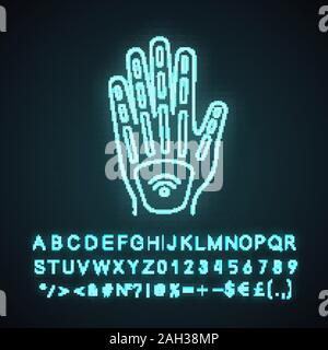 Human microchip implant in hand neon light icon. NFC implant. Implanted RFID transponder. Glowing sign with alphabet, numbers and symbols. Vector isol Stock Vector
