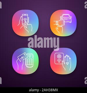 NFC technology app icons set. Near field smartphone, car and bracelet, payment terminal, reader. UI/UX user interface. Web or mobile applications. Vec Stock Vector