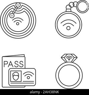 NFC technology linear icons set. Near field chip, trinket, identification system, ring. Thin line contour symbols. Isolated vector outline illustratio Stock Vector