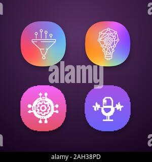Machine learning app icons set. Data filtering, innovation process, digital settings, voice recognition. UI/UX user interface. Web or mobile applicati Stock Vector
