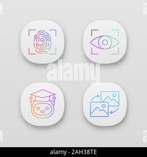 Machine learning app icons set. Fingerprint scanning, iris recognition, teacher bot, data transforming. UI/UX user interface. Web or mobile applicatio Stock Vector