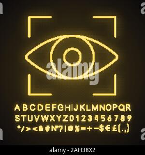 Retina scan neon light icon. Iris recognition. Eye scanning. Glowing sign with alphabet, numbers and symbols. Biometric identification. Optical recogn Stock Vector