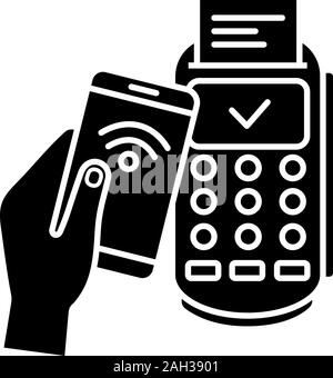 Successful NFC smartphone payment glyph icon. Silhouette symbol. NFC phone and POS terminal. Near field communication. Mobile phone contactless paymen Stock Vector