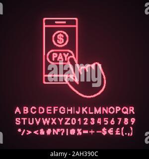 Online payment neon light icon. E-payment. Digital purchase. Cashless payments smartphone app. Hand pressing pay button. Glowing sign with alphabet, n Stock Vector