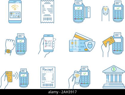 NFC payment color icons set. Electronic money. Cashless and contactless payments. Digital purchase. Online banking. Near Field Communication technolog Stock Vector