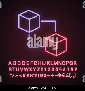 Blockchain technology neon light icon. Cryptocurrency. Fintech. E-commerce. Connected cubes. Glowing sign with alphabet, numbers and symbols. Vector i Stock Vector