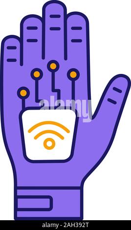 Human microchip implant in hand color icon. NFC implant. Implanted RFID transponder. Isolated vector illustration Stock Vector