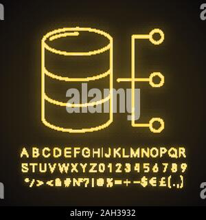 Relational database neon light icon. Big data. Server. Glowing sign with alphabet, numbers and symbols. Vector isolated illustration Stock Vector