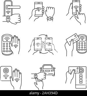 NFC technology linear icons set. Thin line contour symbols. NFC bracelet, door lock, data transfer, smartphone, car. Near field communication. Isolate Stock Vector