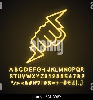 Hand holding lightning bolt neon light icon. Power fist. Electric energy. Zeus hand. Glowing sign with alphabet, numbers and symbols. Vector isolated Stock Vector