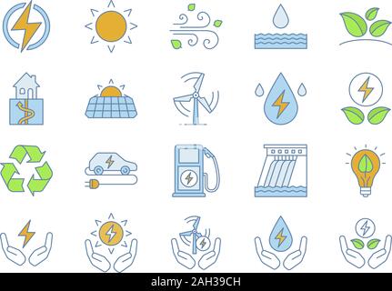 Alternative energy sources color icons set. Eco power. Renewable resources. Water, solar, thermal, wind energy. Isolated vector illustrations Stock Vector