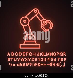Industrial robotic arm neon light icon. Robot hand. Glowing sign with alphabet, numbers and symbols. Vector isolated illustration Stock Vector
