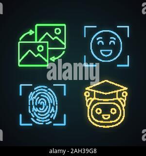 Machine learning neon light icons set. Data transforming, emotion detection, fingerprint identification, teacher bot. Glowing signs. Vector isolated i Stock Vector