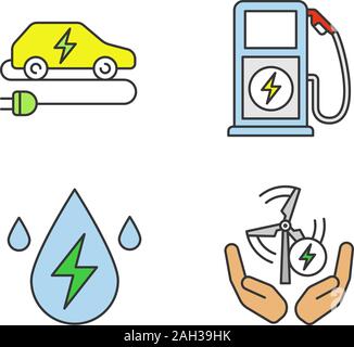 Electric energy color icons set. Alternative energetic resources. Eco car, water and wind energy, electric vehicle charging station. Isolated vector i Stock Vector