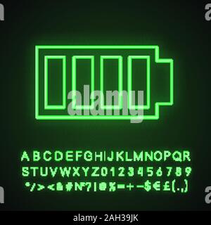 Fully charged battery neon light icon. Charge completed. Battery level indicator. Glowing sign with alphabet, numbers and symbols. Vector isolated ill Stock Vector