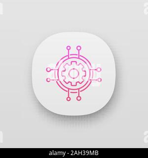 Digital settings app icon. Technological progress and innovation. UI/UX user interface. Gear. Machine learning. Cogwheel in chipset pathways. Web or m Stock Vector