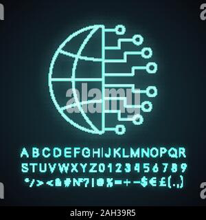 Big data neon light icon. Cloud computing. Database. Artificial intelligence. Cloud network. Glowing sign with alphabet, numbers and symbols. Vector i Stock Vector
