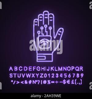 Human microchip implant in hand neon light icon. NFC implant. Implanted RFID transponder. Glowing sign with alphabet, numbers and symbols. Vector isol Stock Vector