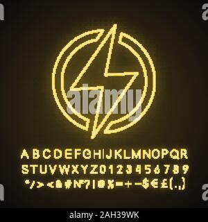 Electric power sign neon light icon. Lightning bolt. Glowing sign with alphabet, numbers and symbols. Charging. Thunder. Power button. Electricity. Ve Stock Vector
