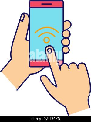Hands holding NFC smartphone color icon. NFC phone. Near field communication. Mobile phone contactless payment. Wifi connection. Isolated vector illus Stock Vector